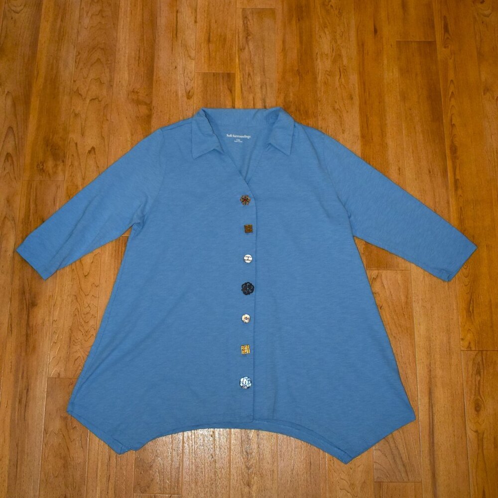 Soft Surroundings Blue 1/2 Sleeve Decor Button‎ Shirt Sz L